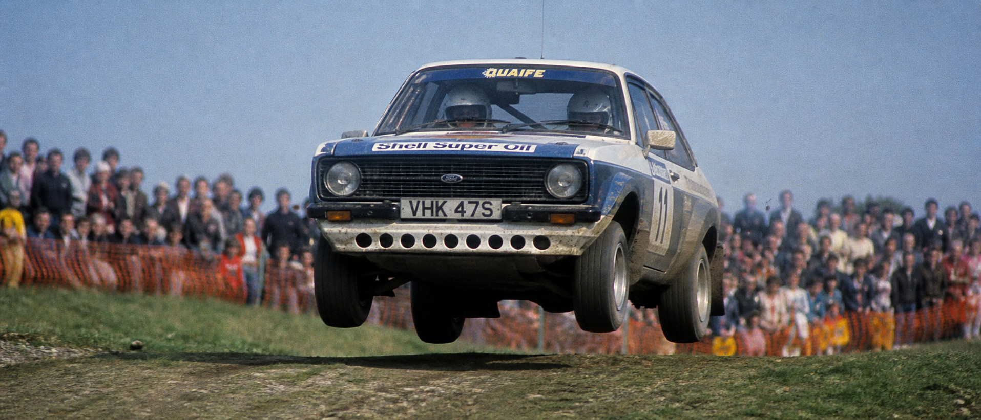 Ford Escort Mk2 airborne over a crest