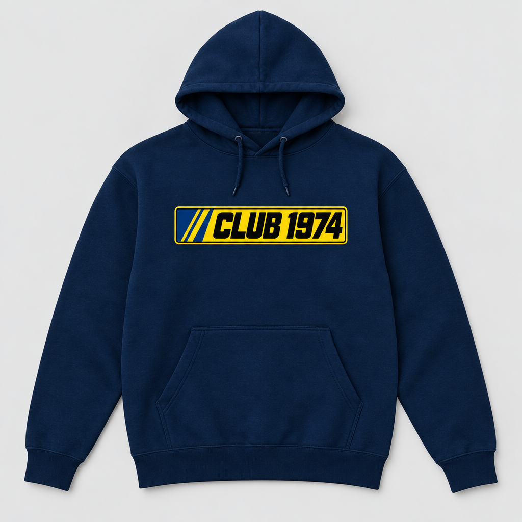 Navy Club 1974 hoodie with the yellow number-plate logo on the chest
