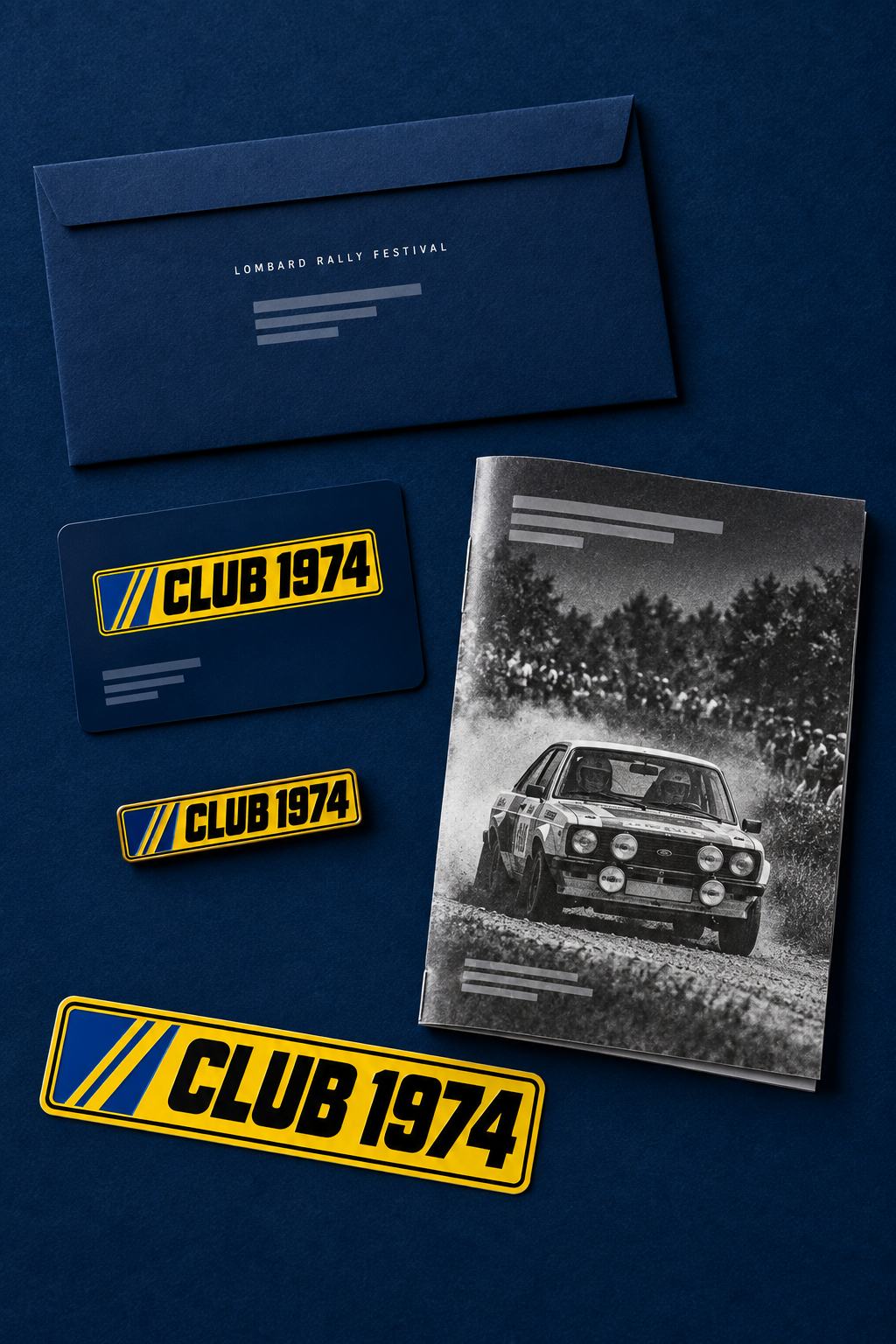 Club 1974 welcome pack: envelope, plate pin badge, plate car sticker, member card and festival programme